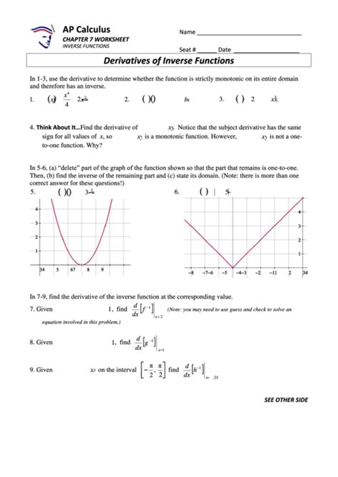 Applications of derivatives worksheet name i. Ap Calculus Derivatives Of Inverse Functions Worksheet printable pdf download