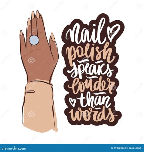 Vector Beautiful Woman Hands With Nude Nail Polish And Ring Handwritten Lettering About Nails