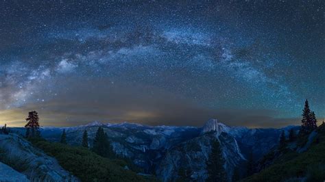 Night Trees Nature Landscape Yosemite National Park Milky Way Usa
