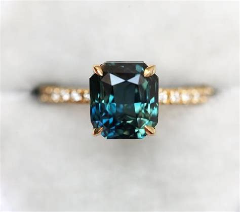Radiant Teal Sapphire Ring With Pave Diamond Band 3ct Green Etsy