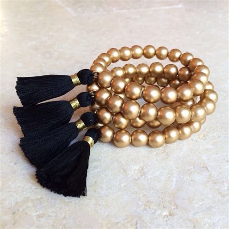 Tassel Bracelet With Gold Metallic Wood Beads And Black Tassel Etsy