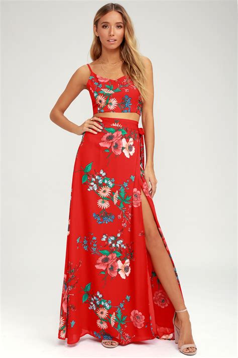 Bloom With A View Red Two Piece Maxi Dress Red Dress Maxi White Lace