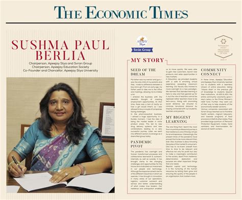 Coverage In Economic Times Mrs Sushma Paul Berlia Featured In Economic