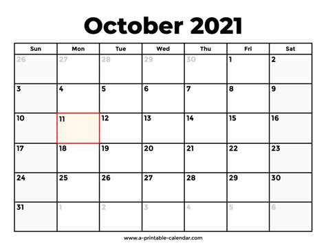 October 2021 Calendar With Holidays A Printable Calendar