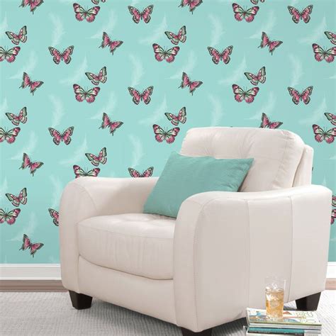 A butterfly bedroom theme can be a cute, girly decor idea. BUTTERFLY WALLPAPER GIRLS BEDROOM DECOR PINK WHITE TEAL ...