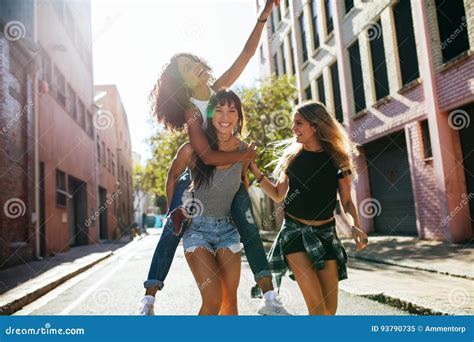 Three Young Woman Having Fun On City Street Stock Image Image Of