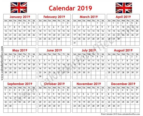 2019 Calendar Uk Printable Calendar Uk 2019 Calendar Calendar