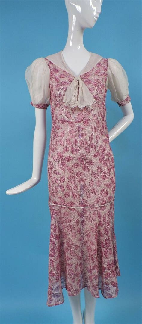 Classic Xxs 1930s Print Dress W Organdy Puff Sleeves And Jabot Ebay