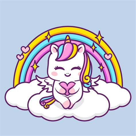 Premium Vector Cute Unicorn Hugging A Heart In The Cloud