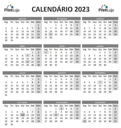 Calendário 2023 Imprimir Mês A Mês Com Feriados Grátis Printloja