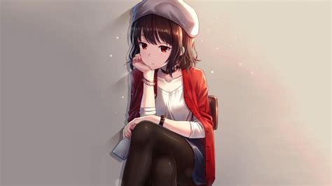 Simple background, portrait display, vertical, digital art. Desktop wallpaper red eyes, cute, anime girl, sit, original, hd image, picture, background, 779370