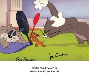 When jerry throws down some light bulbs, tom tries to catch them, but, after he gets electrocuted, they all fall, almost waking spike up. Quiet Please