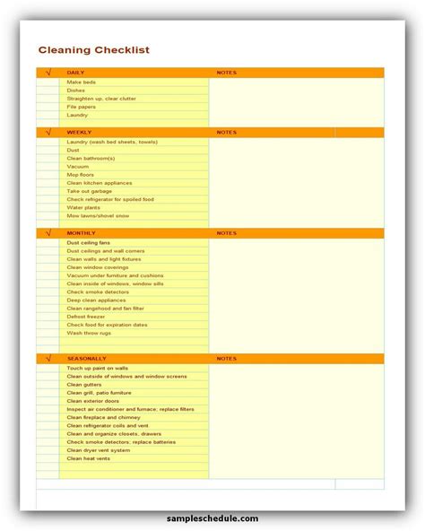 Sample Cleaning Checklist Templates