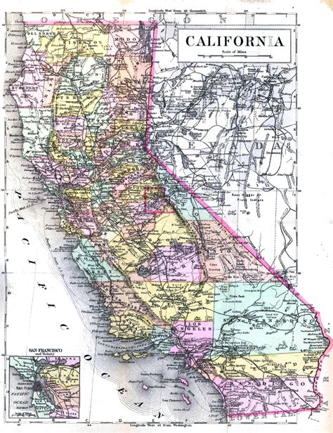 Large Detaled Old Administrative Map Of California State 1896