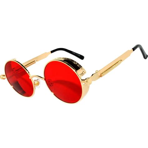 Owl Steampunk Retro Gothic Vintage Gold Metal Round Circle Frame Sunglasses Red Sea Lens