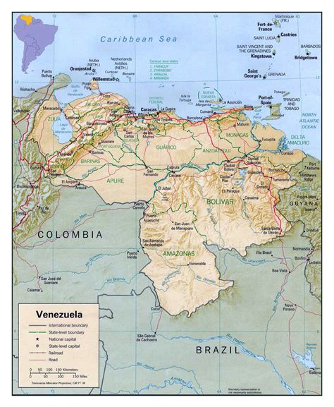 Detailed political and administrative map of Venezuela with relief