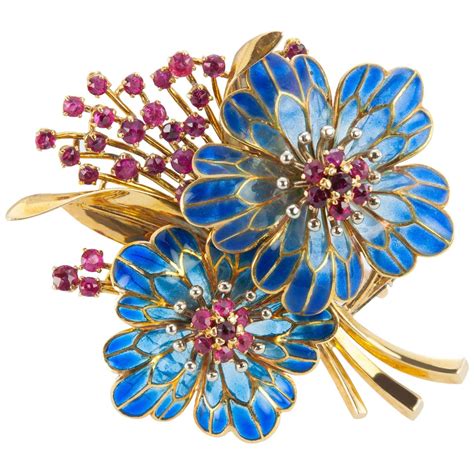 1960s Floral Plique à Jour Ruby Gold Brooch Vintage Brooches Vintage Jewels