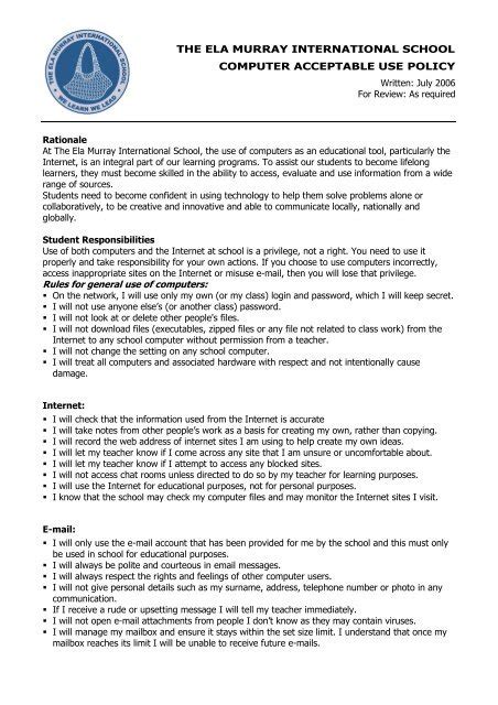 Computer Acceptable Use Guidelines The Ela Murray International