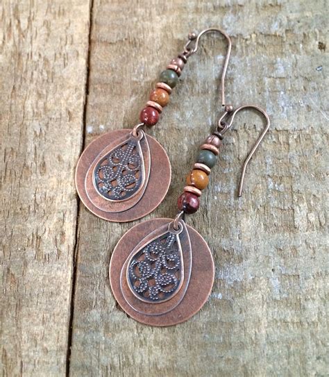Beautiful Light Weight Hammered Copper Hoop Earrings With Small Red