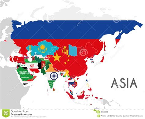 Political Asia Map Vector Illustration With The Flags Of All Asian