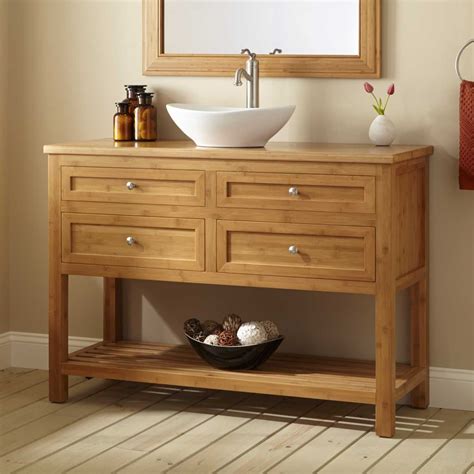 Unstained Wooden Bathroom Vanity Table With 4 Drawer And White Ceramic