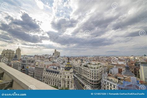 Madrid Spain Cityscape Above Gran Via Shopping Street Spain D Stock