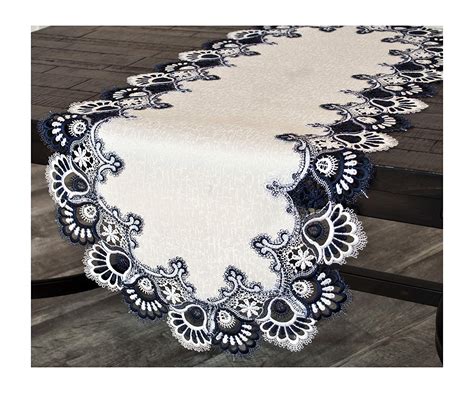 Royal blue table runner for a 6 foot and 8 foot table. Decor > White Navy Blue Jacquard Peacock Tail Lace Dresser ...