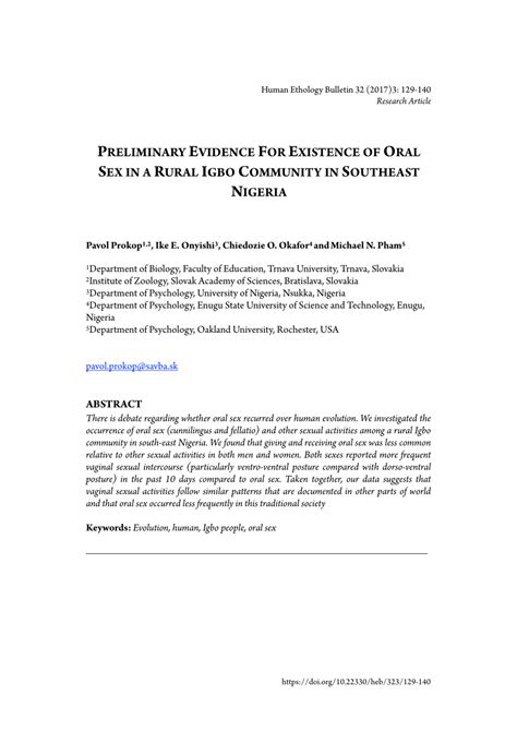 Pdf Preliminary Evidence For Existence Of Oral Sex In A Rural Igbo