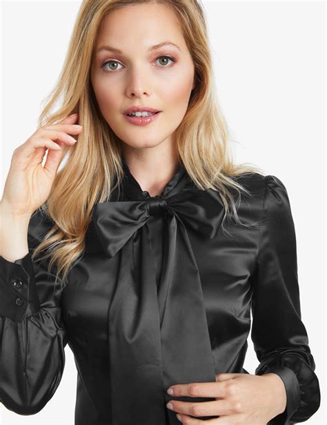 Black Fitted Satin Pussycat Bow Blouse Hawes Curtis Women In