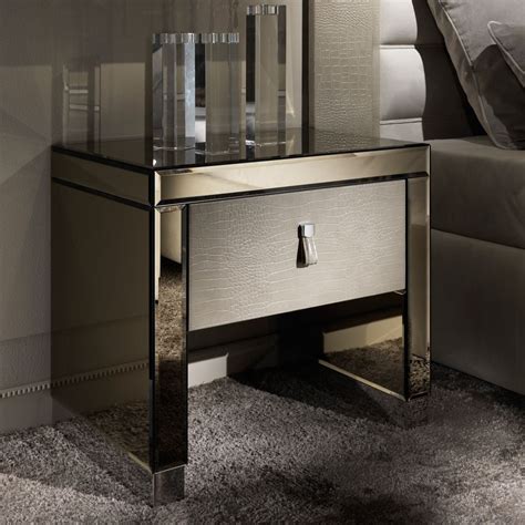 Modern Mirrored Alligator Embossed Leather Bedside Table