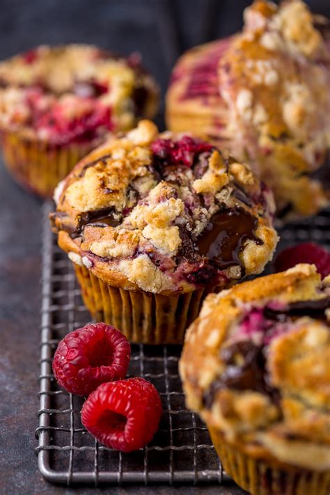 Dark Chocolate Chunk Raspberry Crumb Muffins Baker By Nature