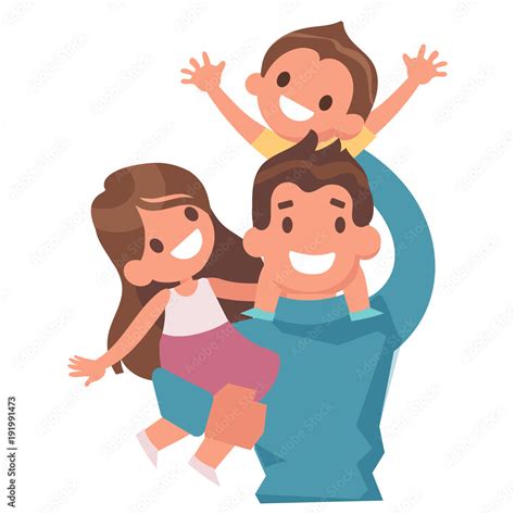 Cartoon Young Father Playing With Kids Isolated On White Background