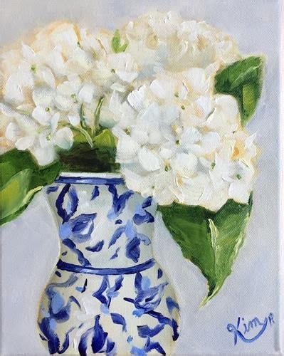Daily Paintworks White Hydrangeas In Blue And White Vase I