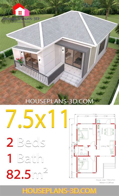 Asymmetrical, l or u shaped floor plans; House Plans 7.5x11 with 2 Bedrooms Hip roof in 2020 ...
