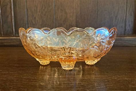 Jeannette Iridescent Floragold Louisa Glass Small Oval Footed Nut Dish Candy Dish Vintage