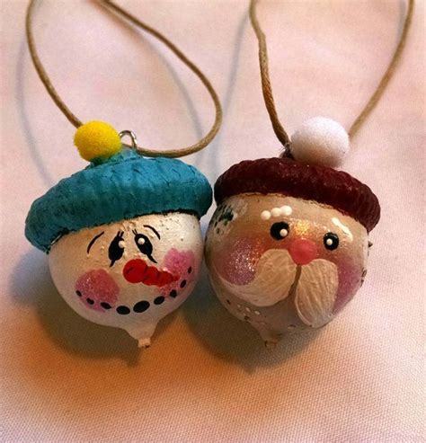 Hand Painted Santa Elf And Snowmen Acorn Ornaments Pkg Of