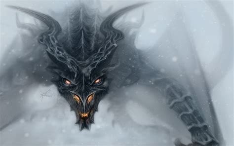 Tapety x px Alduin UMĚNÍ vánice drak oči tvář fantazie oranžový Skyrim sníh