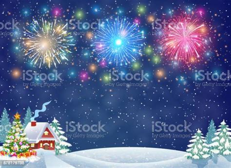 House In Snowy Christmas Landscape At Night Stock Illustration