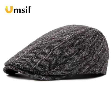 2019 Autumn Winter Men Berets Cap Mens Plaid Solid Color Wool Newsboy