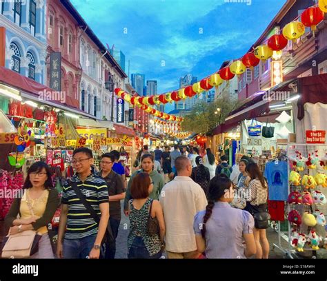 Singapore Chinatown Night Market In Evening Twilight Pagoda Street