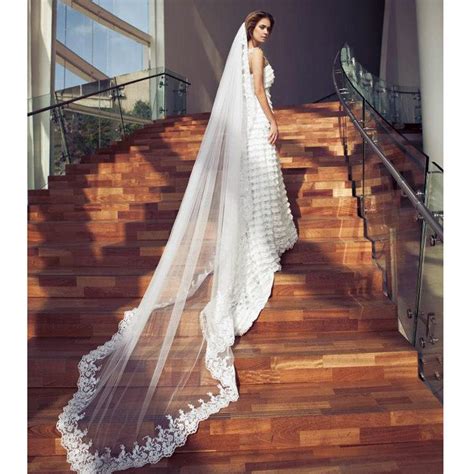 With wedding veil styles that have more length comes more maintenance on your wedding day, but brides needn't let that discourage them. Romantic White / Ivory Cathedral Wedding Veils Long Lace ...