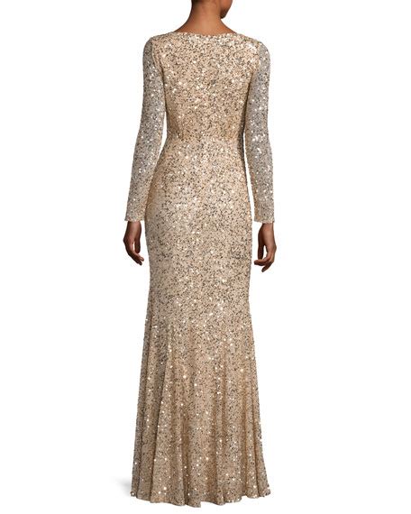 Long sleeve lace wedding dresses. Rachel Gilbert Long-Sleeve Sequined V-Neck Gown, Gold
