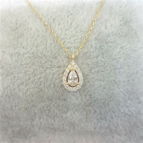 14k Real Solid Gold Teardrop Halo Pendant Necklace For Women