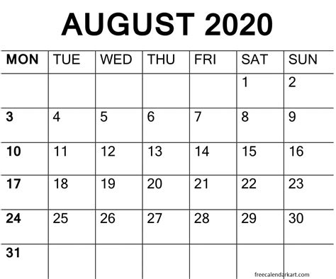 Printable August 2020 Calendar Monthly And Weekly Template
