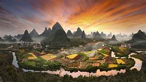 Village, Zhouzhai, China, Photo, Landscape, Sunset, Flaming, Sky