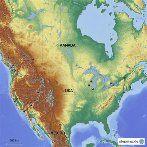 Klicken sie auf einen bundesstaat um details zu erfahren. StepMap - USA KANADA Relief - Landkarte für Deutschland
