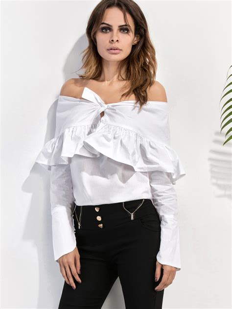 White Off The Shoulder Ruffle Top Sheinsheinside