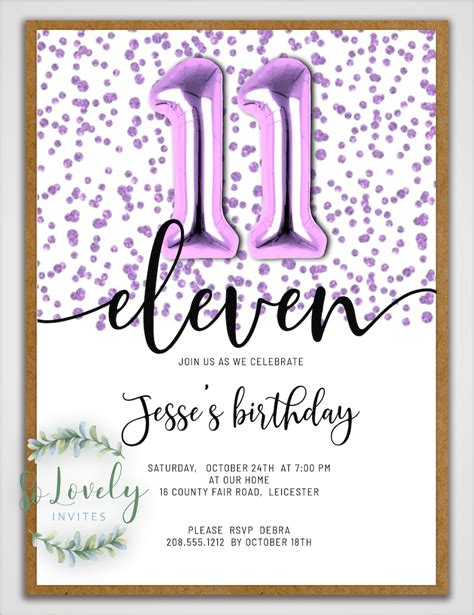 Metallic Purple Glitter 11th Birthday Invitation Editable Etsy