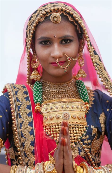 Indian Rajasthani Beautiful Woman In National Clothes Saying Namaste