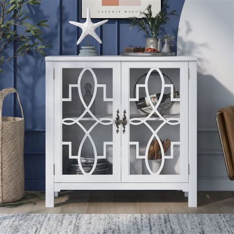 Accent Storage Cabinet With Fretwork Glass Doors Solid Wooden